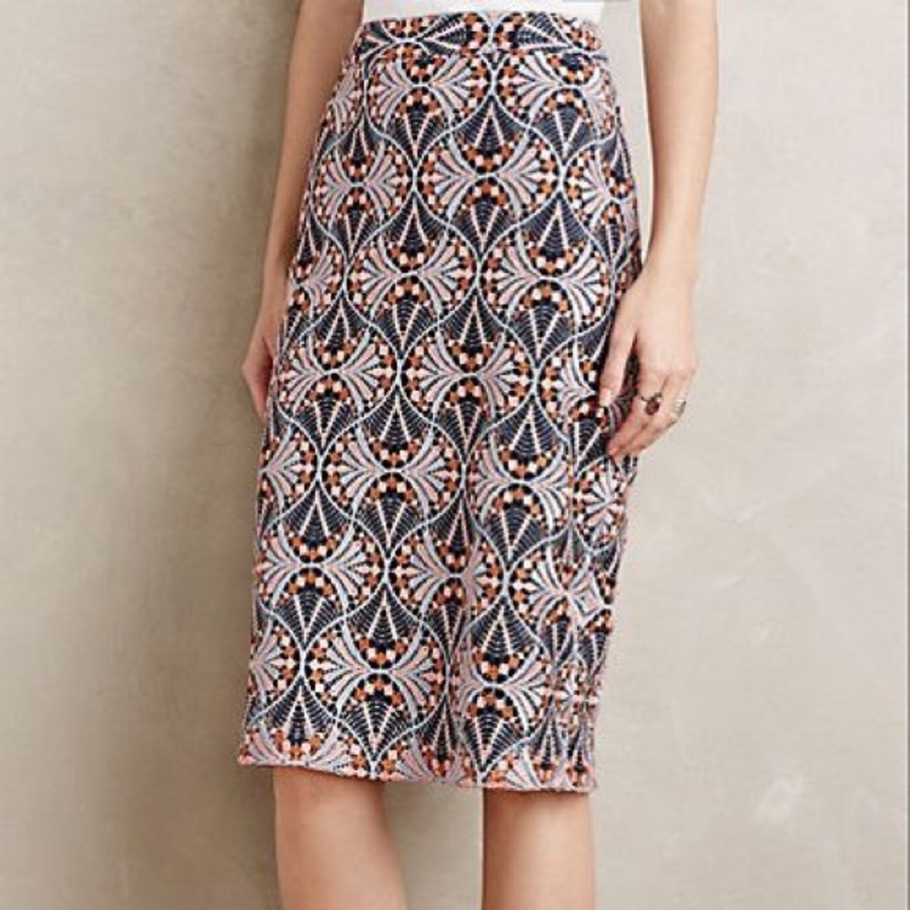 Anthropologie Moulinette Soeurs Svetla Pink Navy Lace Pencil Skirt 12 - Picture 3 of 8